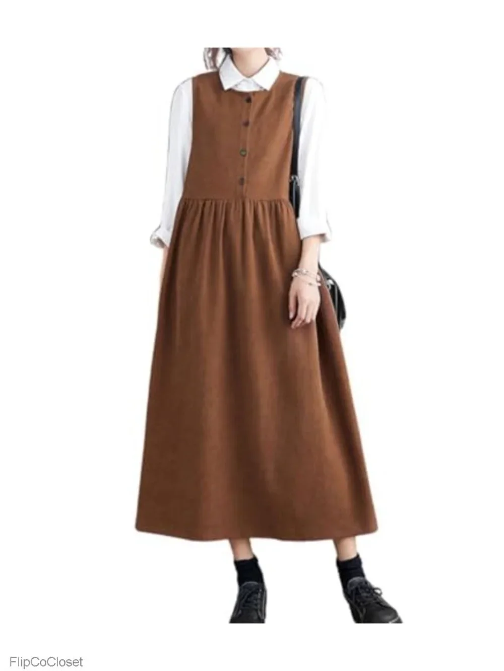 Women's Sleeveless Corduroy Overall Dress Midi Jumper with Pockets